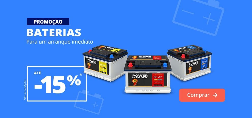 Banner promocional de baterias automóveis. Oferta de até 15% de desconto para um arranque imediato. Imagem com várias baterias sobre fundo azul. Botão de chamada para ação «Aproveitar oferta».