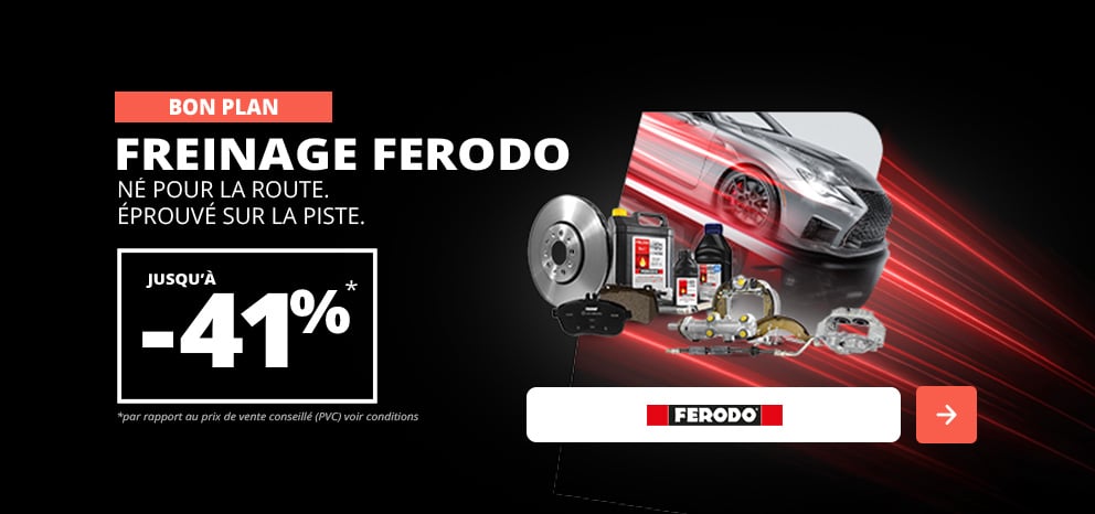 Bannière Ferodo. Offre jusqu’à -41% versus le prix de vente conseillé sur une sélection de produits de freinage. Visuel présentant des disques, plaquettes et composants de frein Ferodo devant une voiture avec effets lumineux rouges..