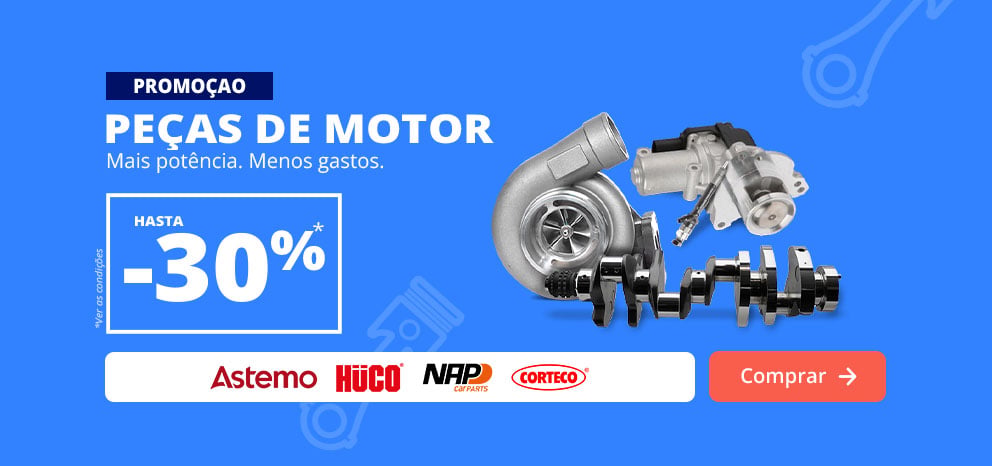 Banner promocional de peças de motor. Oferta de até 30% de desconto numa seleção de componentes para motor. Imagem com um turbocompressor, uma cambota e outras peças das marcas Astemo, Hüco, NAP Carparts e Corteco.