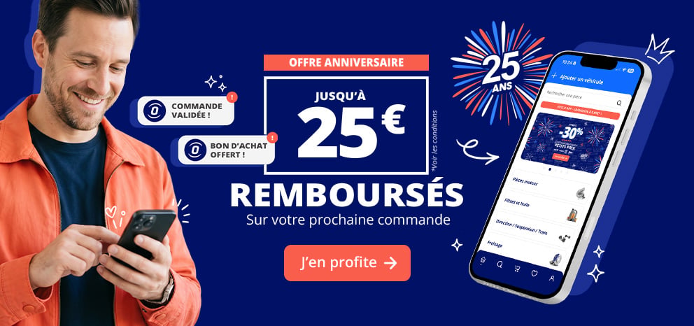 Bannière offre anniversaire. Jusqu’à 25 € remboursés sur votre prochaine commande. Visuel montrant une personne utilisant l’application Oscaro sur smartphone, avec l’offre anniversaire des 25 ans affichée. Bouton d’appel à l’action « J’en profite ».