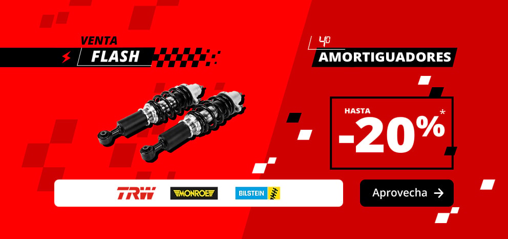 Banner de Venta Flash en amortiguadores. Oferta de hasta un 20 % de descuento en una selección de amortiguadores. Imagen con dos amortiguadores de las marcas TRW, Monroe y Bilstein. Promoción válida durante 4 días.