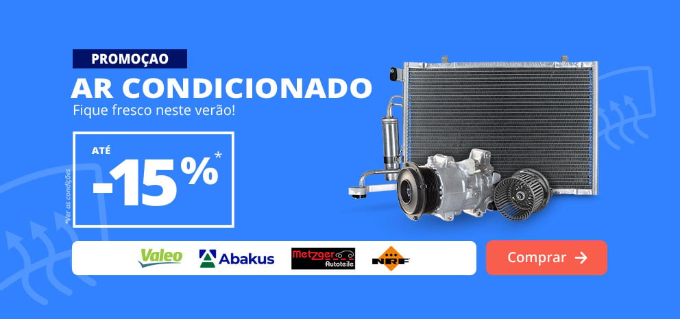 Banner promocional de climatização. Oferta de até 15% de desconto numa seleção de componentes de ar condicionado para automóvel. Imagem com um compressor, um condensador e outros elementos de climatização. Botão «Aproveitar oferta».