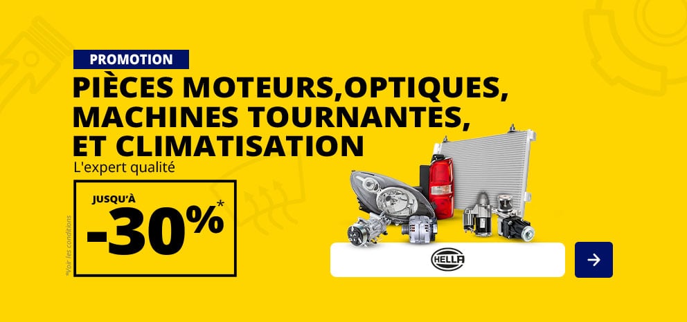 Bannière promotionnelle Hella. Offre jusqu'à -30% sur les pièces de la marque Hella. Bouton d’appel à l’action « J’en profite ».