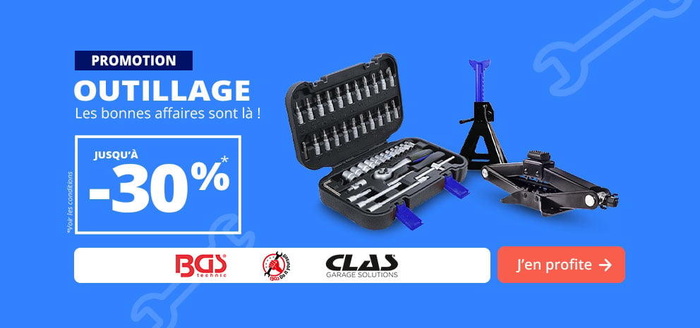 Bannière promotionnelle Outillage. Offre jusqu’à -30 % sur une sélection d’outillage automobile. Visuel présentant une mallette à outils, un cric rouleur, une chandelle et les marques BGS Technic, KS Tools et CLAS. Bouton « J’en profite ».