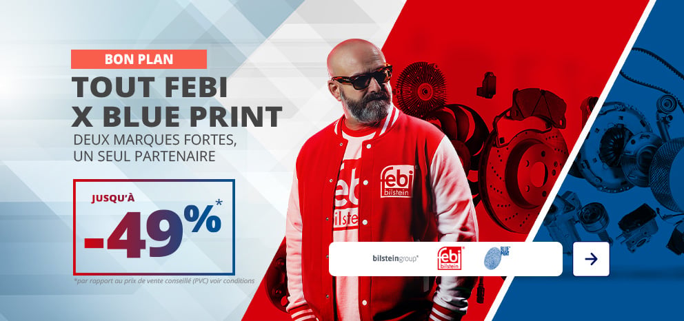 Bannière febi bilstein et Blue Print. Offre sur une sélection de produits. Visuel avec un homme portant une veste rouge febi, pièces automobiles en arrière-plan rouge et bleu, bouton « J’en profite ».