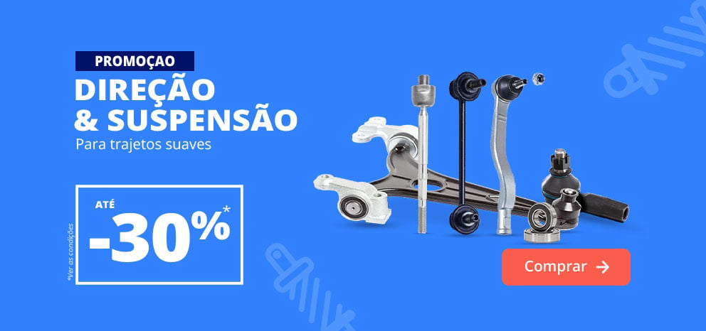 Banner promocional de direção e suspensão. Oferta de até 30% de desconto numa seleção de peças de direção e suspensão. Imagem com vários componentes de direção e suspensão sobre fundo azul. Botão «Aproveitar oferta».