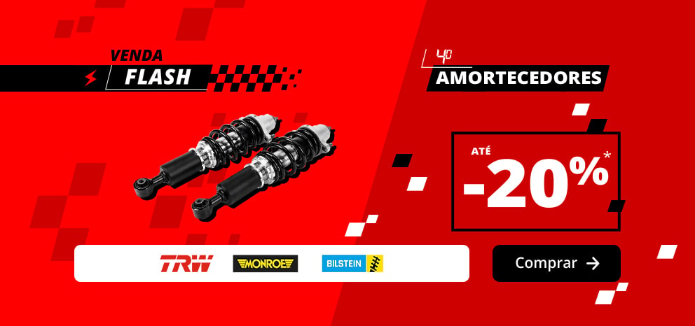 Banner de Promoção Relâmpago em amortecedores. Oferta de até 20% de desconto numa seleção de amortecedores. Imagem com dois amortecedores das marcas TRW, Monroe e Bilstein. Promoção válida durante 4 dias.