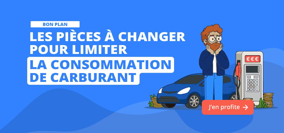 Bannière « Bon plan » : les pièces à changer pour limiter la consommation de carburant. Illustration d’un automobiliste inquiet devant une voiture à la pompe, entouré de pièces de monnaie. Bouton « J’en profite ».