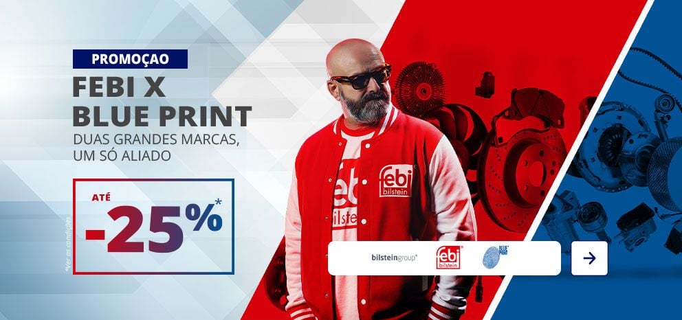 Banner promocional da febi bilstein e Blue Print. Oferta de até 25% de desconto numa seleção de produtos. Imagem de um homem com casaco vermelho da febi, peças automóveis ao fundo em vermelho e azul e botão «Aproveitar oferta».