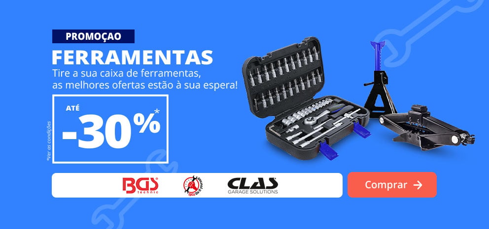 Banner promocional de ferramentas. Oferta de até 30% de desconto numa seleção de ferramentas para automóvel. Imagem com uma mala de ferramentas, um macaco hidráulico, um cavalete e as marcas BGS Technic, KS Tools e CLAS. Botão «Aproveitar oferta».