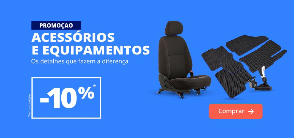 Banner promocional de acessórios e equipamentos. Oferta numa seleção de acessórios e equipamentos para automóvel. Imagem com um banco, tapetes e um suporte para telemóvel sobre fundo azul. Botão «Aproveitar oferta».