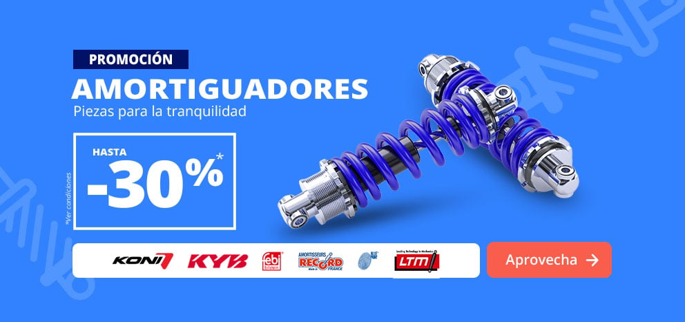 Banner promocional de amortiguadores. Oferta de hasta un 30 % de descuento en una selección de amortiguadores. Imagen con un amortiguador de muelle y las marcas KONI, KYB, febi, Record France y LTM. Botón «Aprovechar oferta».