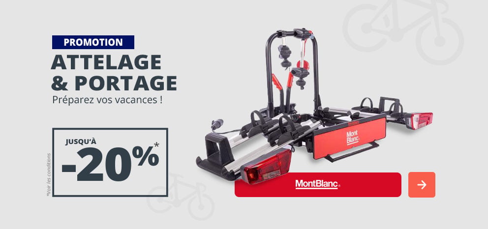 Bannière promotionnelle Mont Blanc. Remise jusqu'à -20% sur une sélection de solutions d’attelage et de portage. Visuel présentant un porte-vélos sur attelage Mont Blanc sur fond gris. Bouton d’appel à l’action.