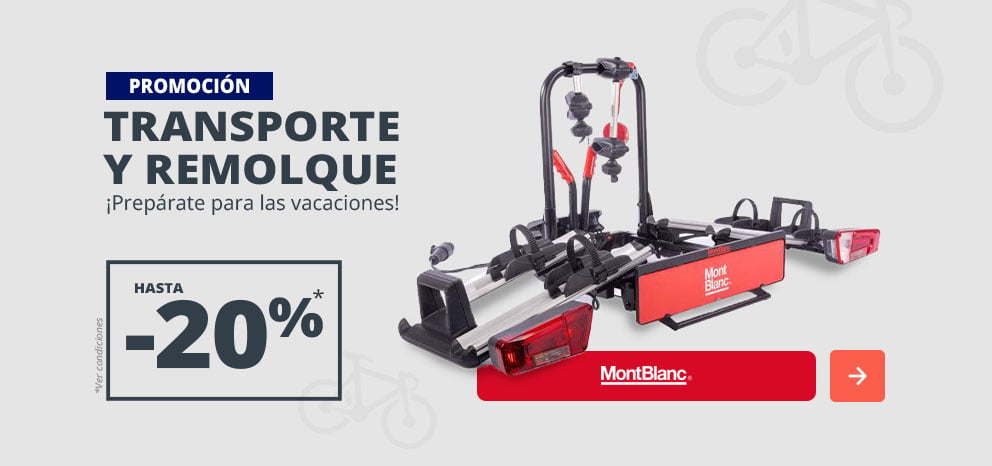 Banner promocional de Mont Blanc. Oferta de hasta un 20% en una selección de soluciones de remolque y transporte para vehículos. Imagen de un portabicicletas de enganche Mont Blanc sobre fondo gris. Botón de llamada a la acción.