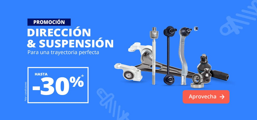 Banner promocional de dirección y suspensión. Oferta de hasta un 30 % de descuento en una selección de piezas de dirección y suspensión. Imagen con varios componentes de dirección y suspensión sobre fondo azul. Botón «Aprovechar oferta».