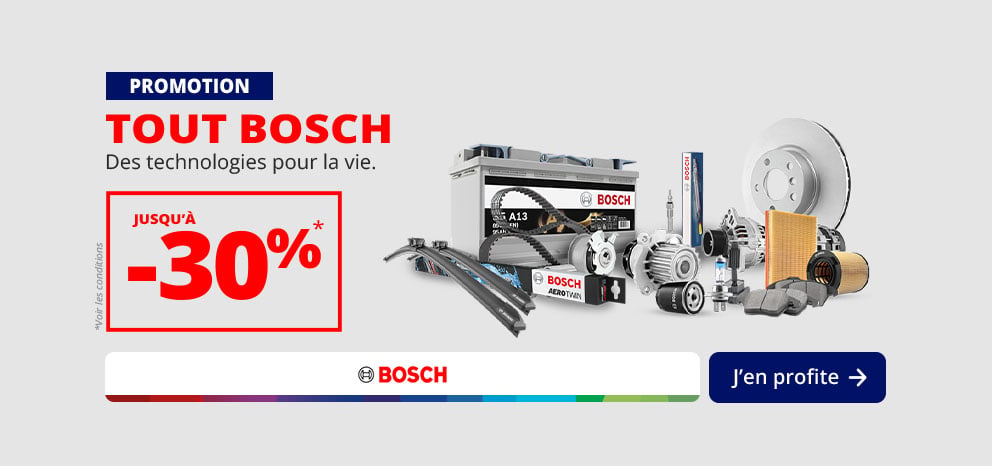 Bannière promotionnelle Bosch. Offre jusqu’à -30 % sur une sélection de pièces et équipements Bosch. Visuel présentant une batterie, des balais d’essuie-glace, des freins, des filtres et d’autres composants. Bouton d’appel à l’action « J’en profite ».