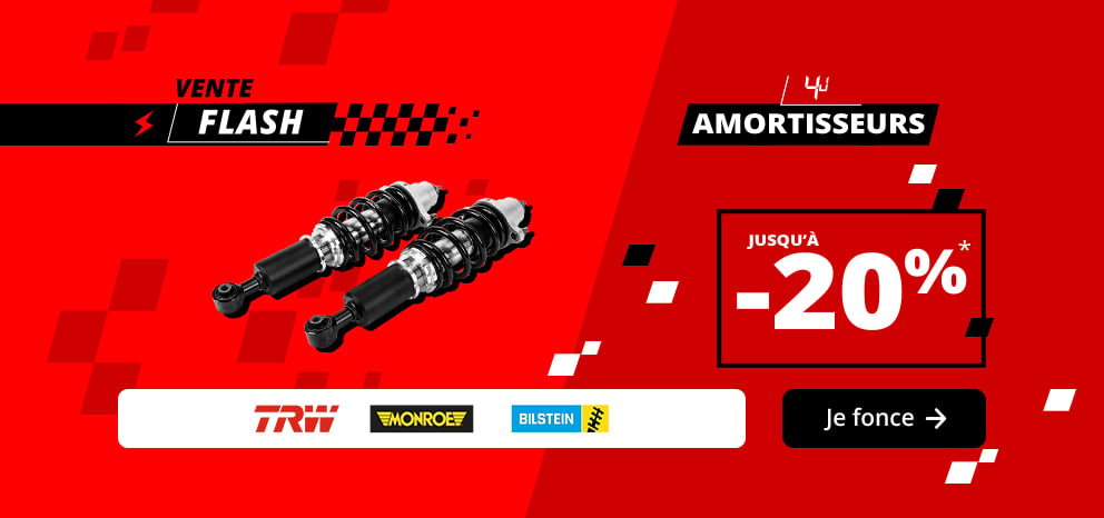 Bannière Vente Flash Amortisseurs. Offre jusqu’à -20 % sur une sélection d’amortisseurs. Visuel présentant deux amortisseurs des marques TRW, Monroe et Bilstein. Promotion valable 4 jours. Bouton « Je fonce ».