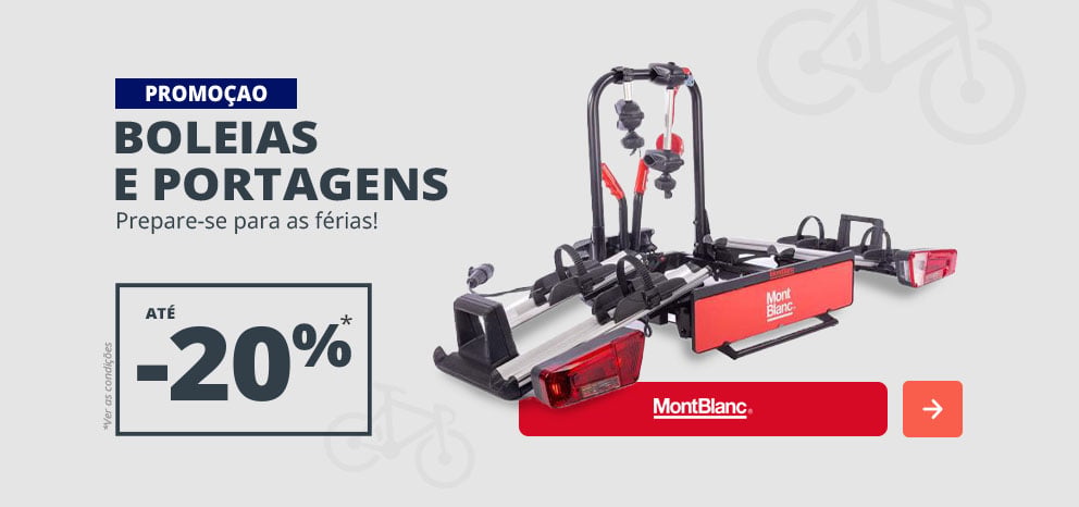 Banner promocional da Mont Blanc. Oferta de até 20% de desconto de numa seleção de soluções de reboque e transporte para veículos. Imagem de um suporte para bicicletas de engate Mont Blanc sobre fundo cinzento. Botão de chamada para ação.