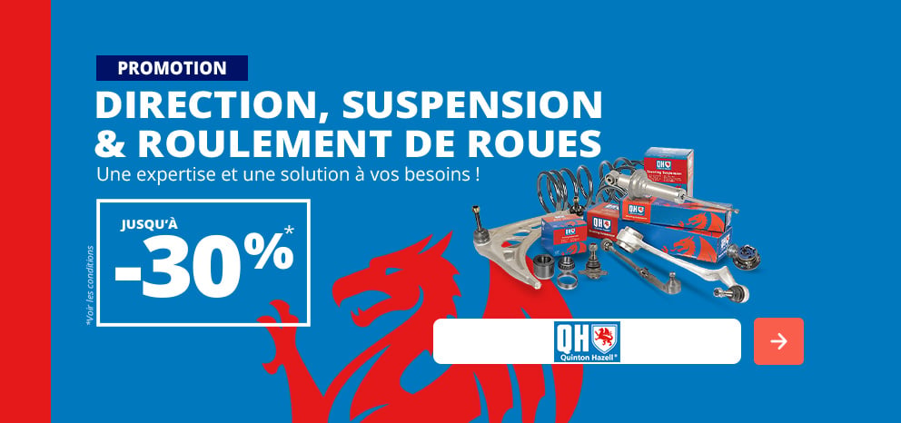 Bannière promotionnelle Quinton Hazell. Offre jusqu’à -30 % sur une sélection de pièces de direction, suspension et roulements de roue. Visuel présentant différents composants automobiles Quinton Hazell. Bouton d’appel à l’action.