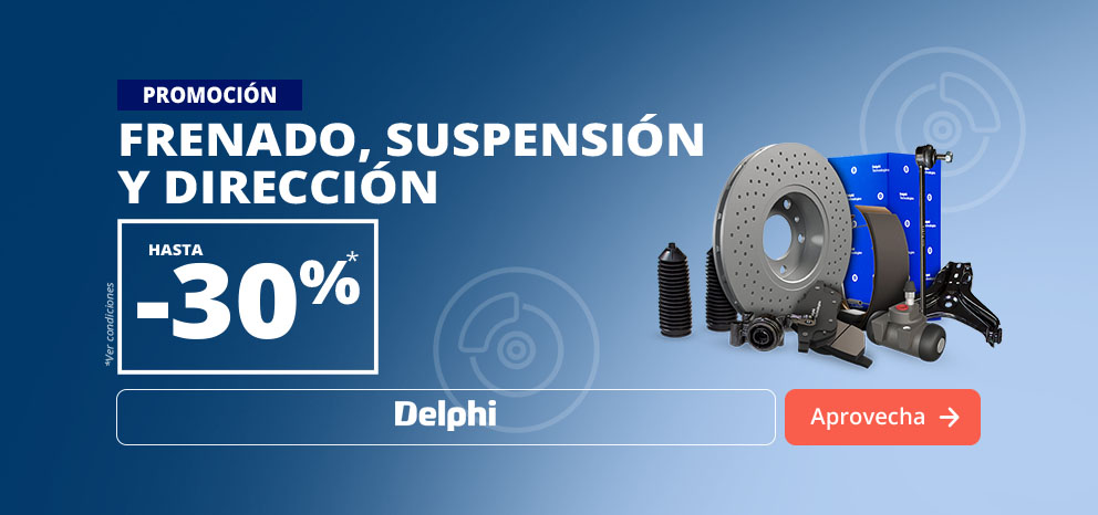 Banner promocional del concurso Delphi. Oferta de hasta un 30 % de descuento en productos de frenos, suspensión y dirección. Imagen con varias piezas para automóvil y una maqueta de un coche Alpine como premio. Botón «Aprovechar oferta».