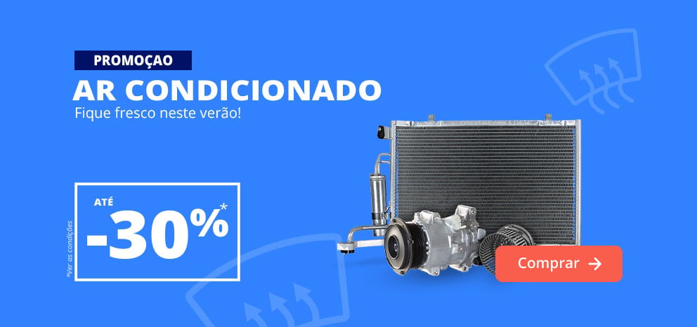 Banner promocional de climatização. Oferta de até 30% de desconto numa seleção de componentes de ar condicionado para automóvel. Imagem com um compressor, um condensador e outros elementos de climatização. Botão «Aproveitar oferta».