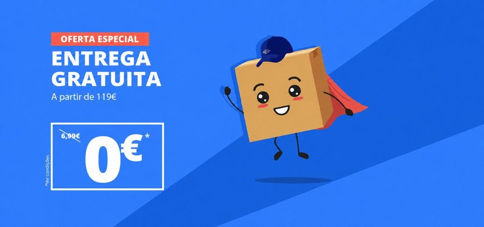 Oferta especial de entrega gratuita. Entrega grátis a partir de 119 € em compras. Imagem de uma mascote em forma de caixa sorridente, com boné e capa, sobre fundo azul. Botão de chamada para ação «Saiba mais».