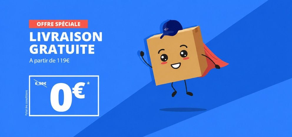 Bannière « Offre spéciale – Livraison gratuite ». Livraison offerte à partir de 119 € d’achat. Visuel avec un colis mascotte souriant portant une casquette et une cape sur fond bleu. Bouton d’appel à l’action « En savoir plus ».