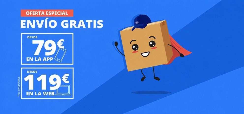 Oferta especial de envío gratis. Envío gratuito desde 79 € en la app y desde 119 € en la web. Imagen de una mascota con forma de caja y capa sobre fondo azul. Botón de llamada a la acción «Saber más».
