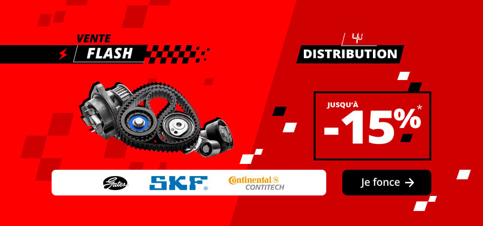 Bannière Vente Flash Distribution. Offre jusqu’à -15 % sur une sélection de kits de distribution. Visuel présentant des pièces de distribution des marques Gates, SKF et Continental ContiTech. Promotion valable 4 jours. Bouton « Je fonce ».