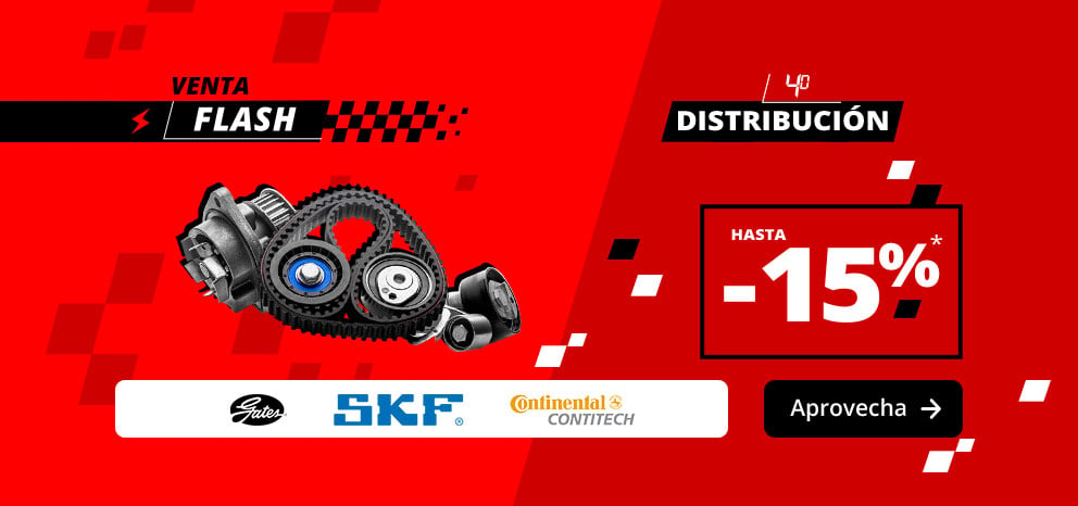 Banner de Venta Flash en distribución. Oferta de hasta un 15 % de descuento en una selección de kits de distribución. Imagen con piezas de las marcas Gates, SKF y Continental ContiTech. Promoción válida durante 4 días. Botón «¡Voy a por ello!».
