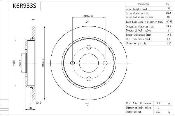 Disques de frein AISIN ref. K6R933S