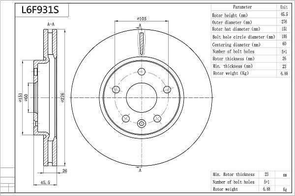 Disques de frein AISIN ref. L6F931S