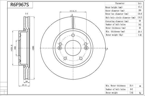 Disques de frein AISIN ref. R6F967S