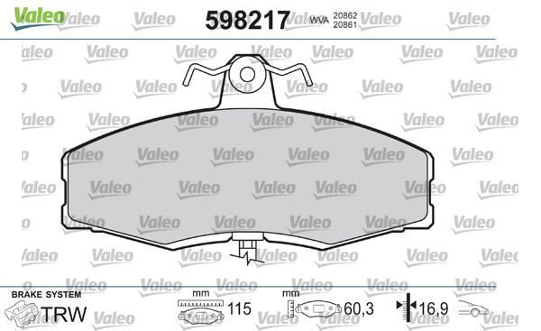 Jeu de 4 plaquettes de frein VALEO ref. 598217