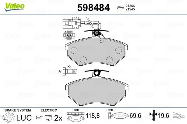 Jeu de 4 plaquettes de frein VALEO ref. 598484