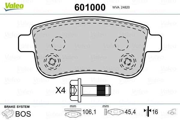 Jeu de 4 plaquettes de frein VALEO ref. 601000