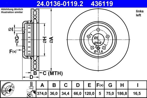 Disque de frein avant gauche ATE ref. 24.0136-0119.2
