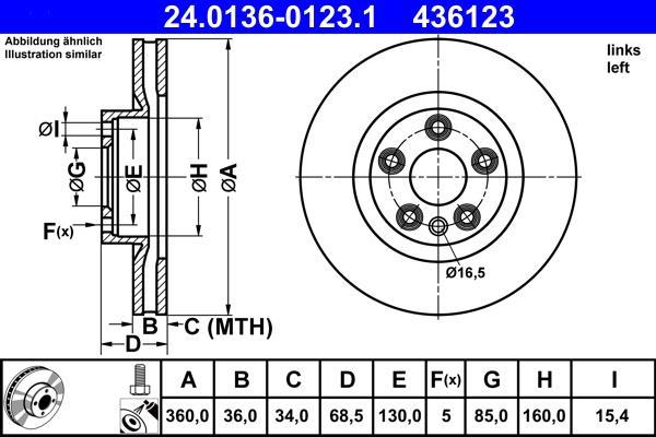 Disque de frein avant gauche ATE ref. 24.0136-0123.1