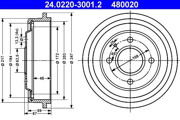Tambour de frein ATE ref. 24.0220-3001.2