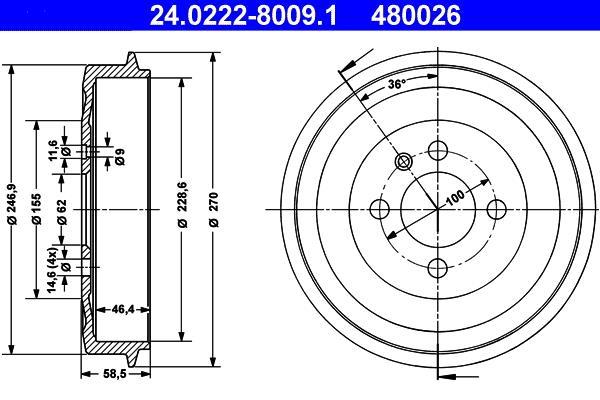 Tambour de frein ATE ref. 24.0222-8009.1
