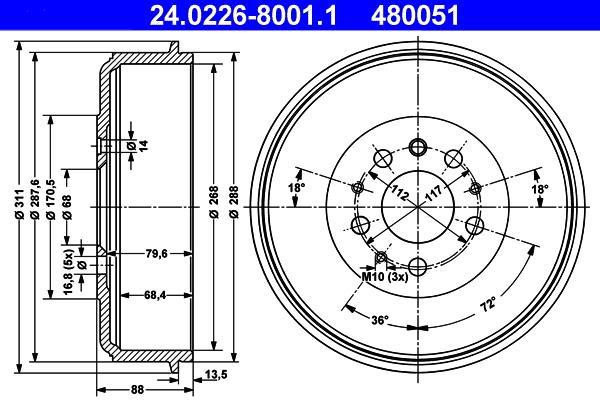 Tambour de frein ATE ref. 24.0226-8001.1