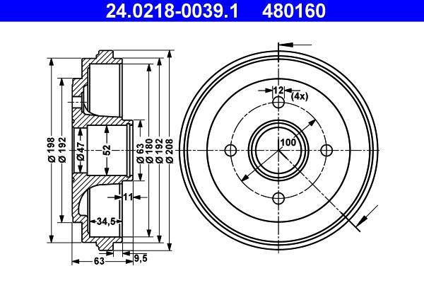 Tambour de frein ATE ref. 24.0218-0039.1