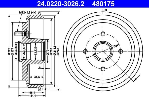 Tambour de frein ATE ref. 24.0220-3026.2