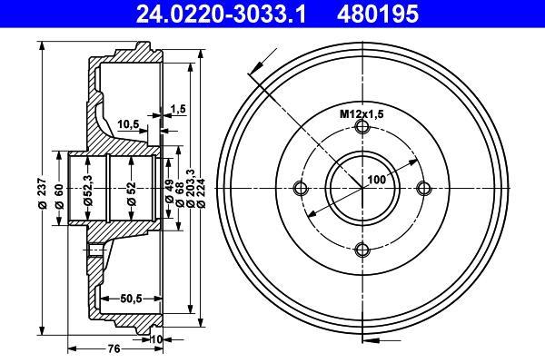 Tambour de frein ATE ref. 24.0220-3033.1