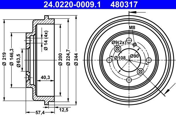 Tambour de frein ATE ref. 24.0220-0009.1