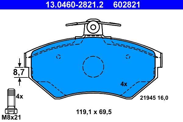 Jeu de 4 plaquettes de frein ATE ref. 13.0460-2821.2