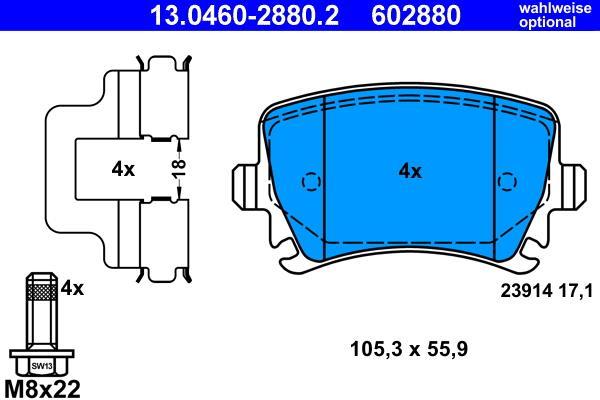 Jeu de 4 plaquettes de frein ATE ref. 13.0460-2880.2