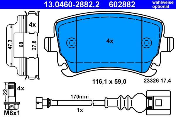 Jeu de 4 plaquettes de frein ATE ref. 13.0460-2882.2