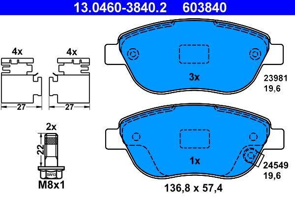 Jeu de 4 plaquettes de frein ATE ref. 13.0460-3840.2