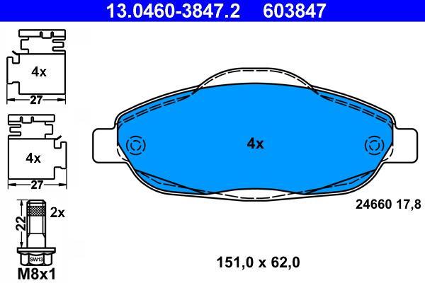 Jeu de 4 plaquettes de frein ATE ref. 13.0460-3847.2